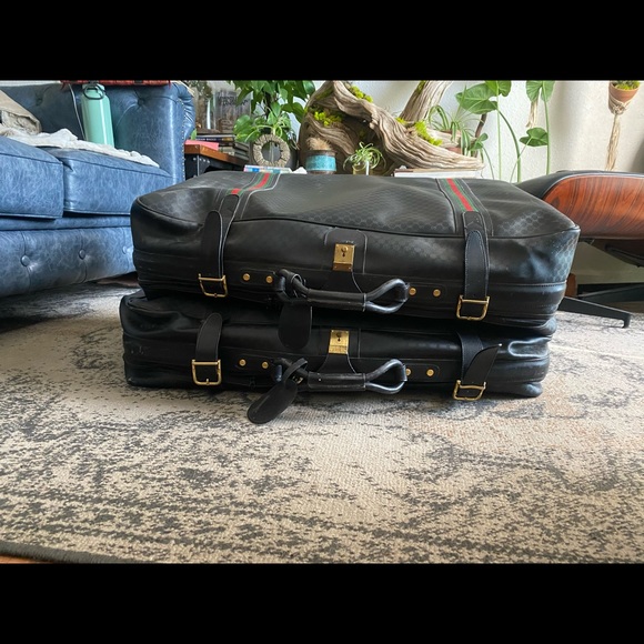 GUCCI VINTAGE 1980s Monogram Pattern 30” Suitcases Navy Leather/Coated Canvass - Picture 4 of 16